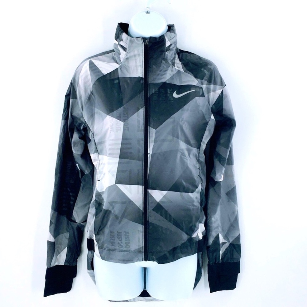 Nike Womens Running Jacket Grey Hooded Shield Flash Reflective Packable Sz XS